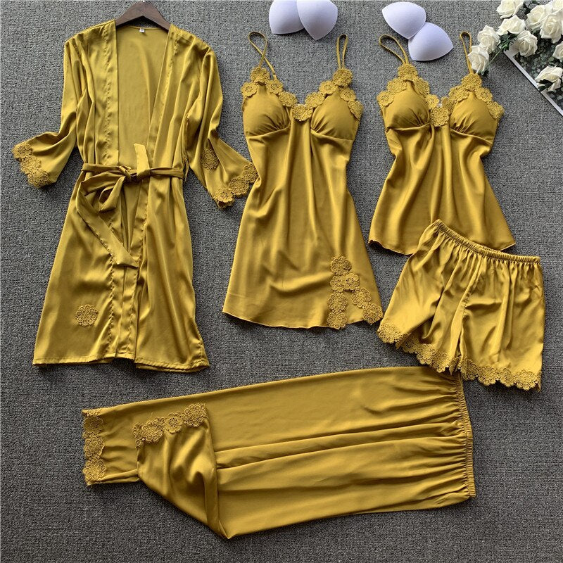 Stain Lace Women Pajama Set 5 Pieces Set Pajamas V Lead With Chest Pad Spaghetti Strap Set Pijama