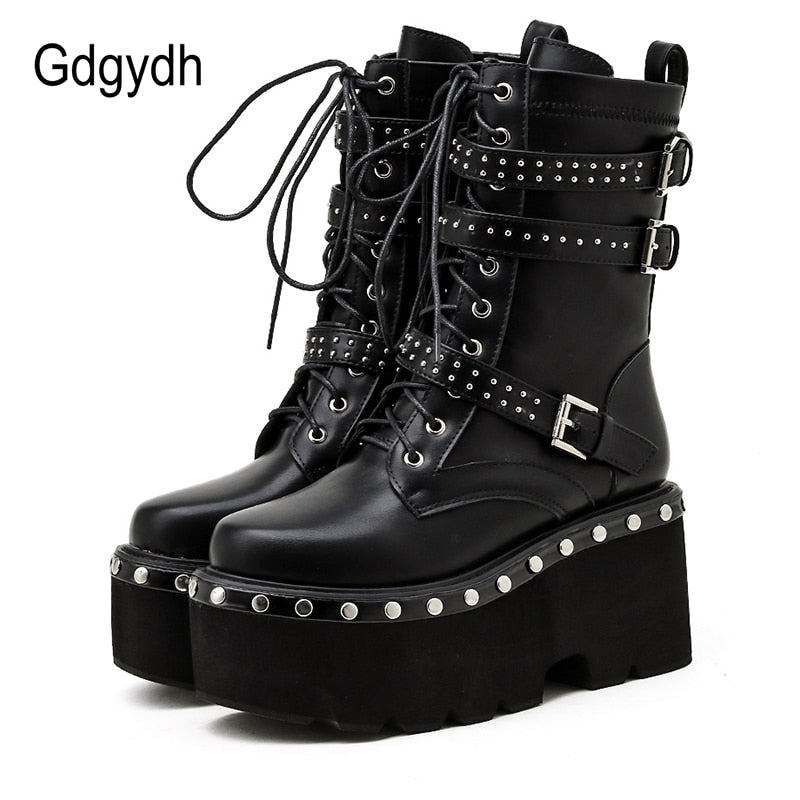 Gdgydh, primavera 2022, botas de moto con cordones para mujer, punta redonda, plataforma gruesa, tacones altos, botines femeninos, zapatos de estilo gótico