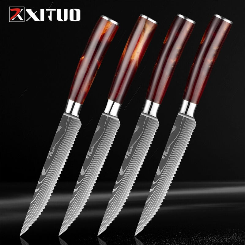 XITUO Steak Knife Set Damascus Pattern Stainless Steel Serrated Knife Beef Cleaver Multipurpose Restaurant Cutlery Table Knife