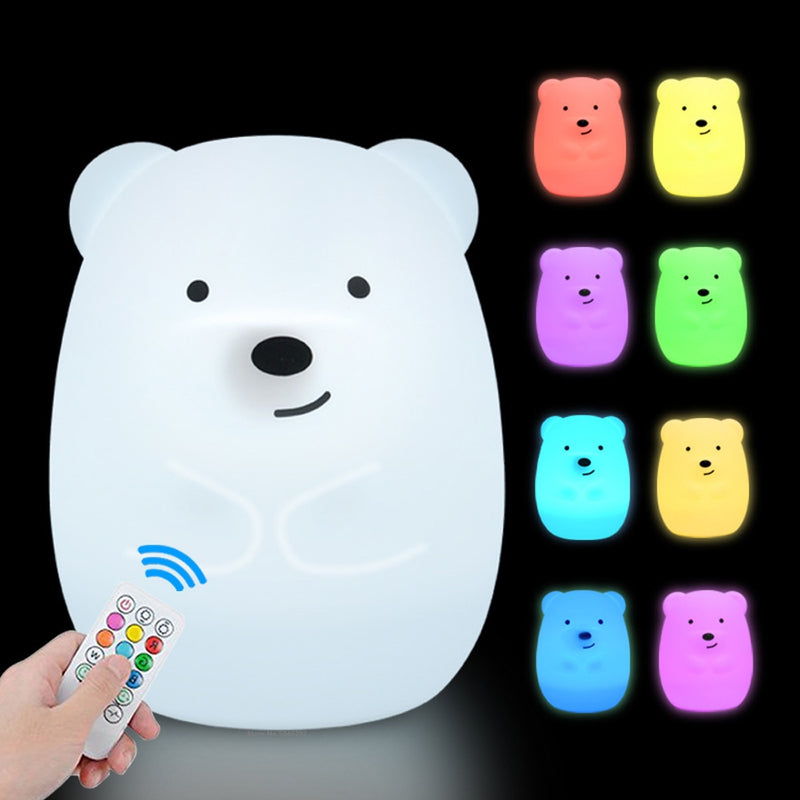 Bear LED Night Light Touch Sensor Remote Control 9 Colors Dimmable Timer Rechargeable Silicone Night Lamp for Children Baby Gift