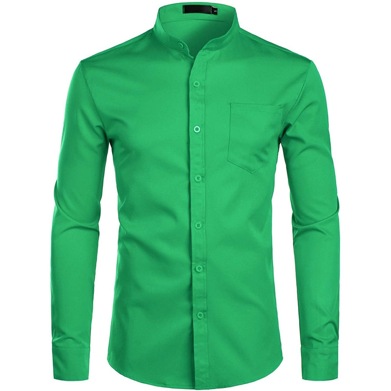 Camisas de vestir azul real para hombre, camisa de cuello mandarín con bandas de marca 2022, camisa informal de manga larga con botones y bolsillo 2XL para hombre