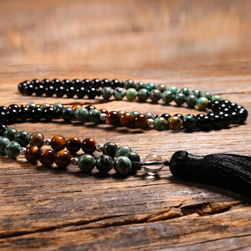 Natural Tiger Eye's Stone 108 Japa Mala Beads Necklaces For Women Girls Yoga Japamala Tassel Long Necklace Men Jewelry 8MM