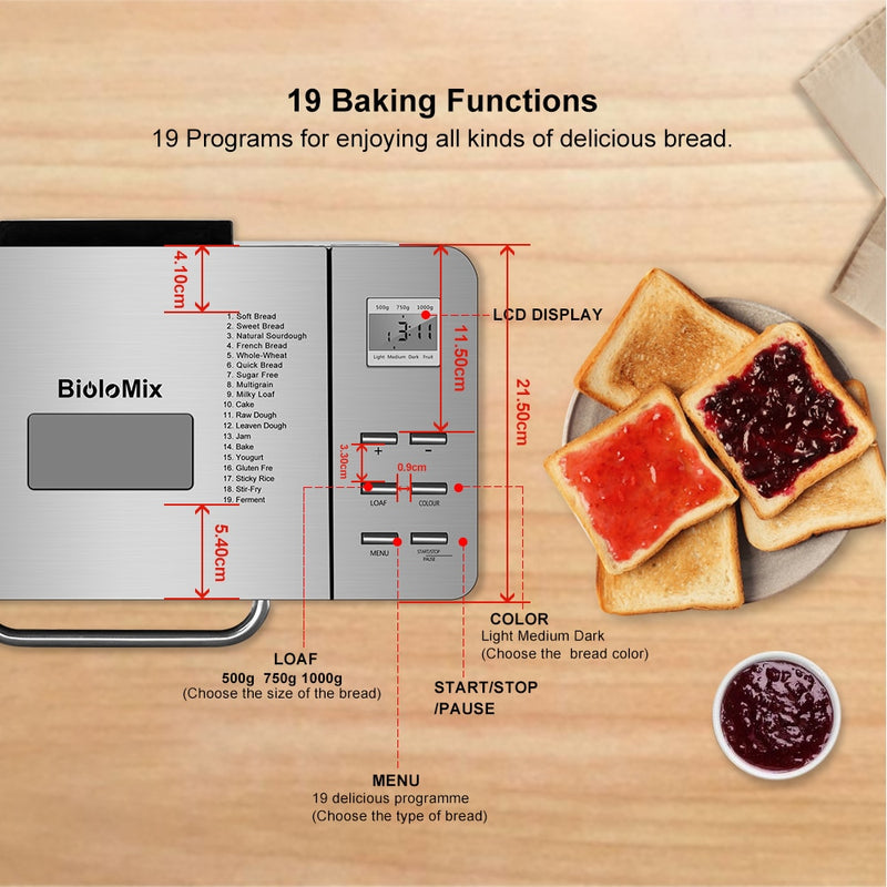 Biolomix Acero inoxidable 1KG 19 en 1 Máquina para hacer pan automática 650W Máquina de pan programable con 3 tamaños de pan Dispensador de frutos secos