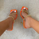 Sandalias de verano para mujer, zapatillas de tacón alto con punta cuadrada para mujer, zapatillas de tacón alto transparentes de PVC, zapatos de cadena a la moda para mujer