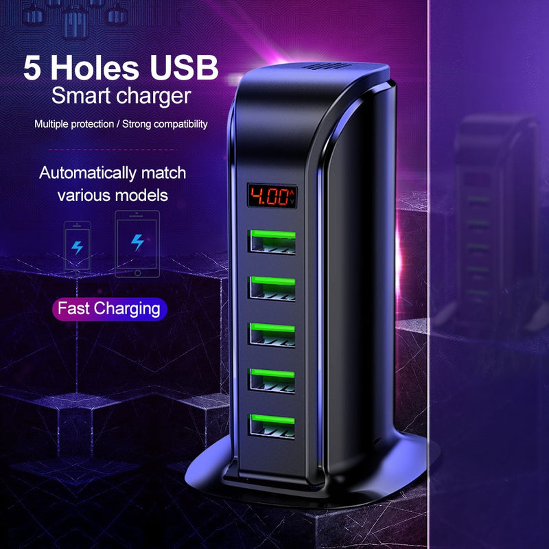 Elough 5 Port USB Charger HUB LED Display Multi USB Charging Station Dock Universal Mobile Phone Desktop Wall Home EU US UK Plug