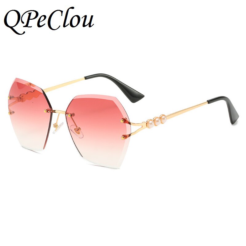 QPeClou 2020 Rimless Polygon Sunglasses Women Retro Luxury Pearls Sun Glasses Woman Fashion Metal Gradient Shades Oculos De Sol