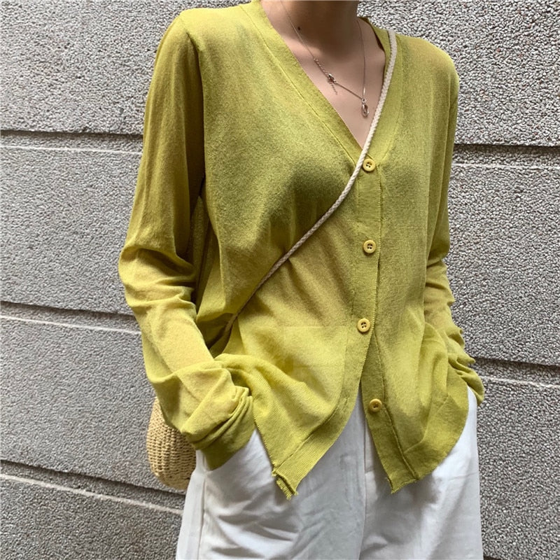 Cardigan Women Korean Long Sleeve Cardigan Summer Cropped Cardigan Knitted V-Neck Thin Ice Silk Sweaters Sunscreen Shirt Tops