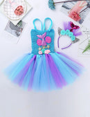 Kids Girls Mermaid Princess Dress Sleeveless Mesh Tutu 3D Flower Hair Hoop Set Children Halloween Theme Party Cosplay Costume