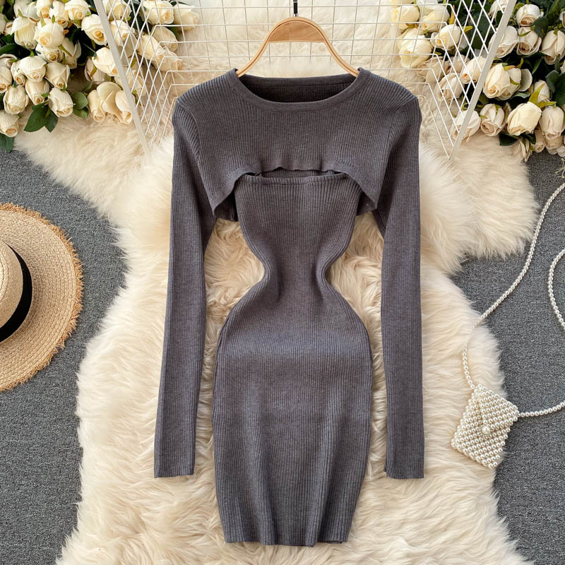 Foamlina Gestreiftes 2-teiliges Set Damenmode Streetwear Langarm Strickpullover Crop Top + Spaghettiträger Bodycon Kleid Anzüge