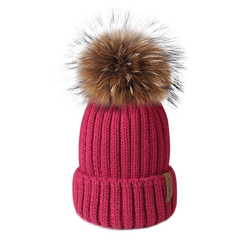 Gorro con pompón de piel auténtica Furtalk, gorro tejido de invierno para mujer, gorro con pompón de mapache grande y cálido para mujer