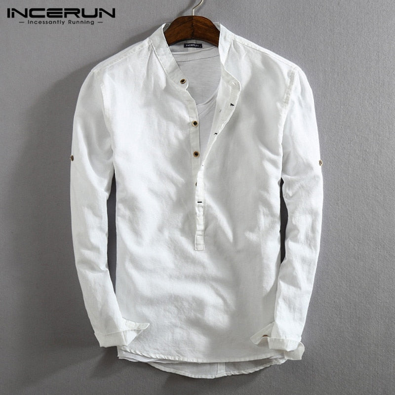 INCERUN Vintage Men Casual Shirt Long Sleeve Cotton Linen Stand Collar Solid Business Streetwear Henley Shirts Men Harajuku 2022