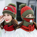 3 Pcs/set Winter Hats For Women With Breathing Mask 2in1 Knitted Hat Girl Pompoms Hat Warm Add Fur Lined Protective Winter Hat