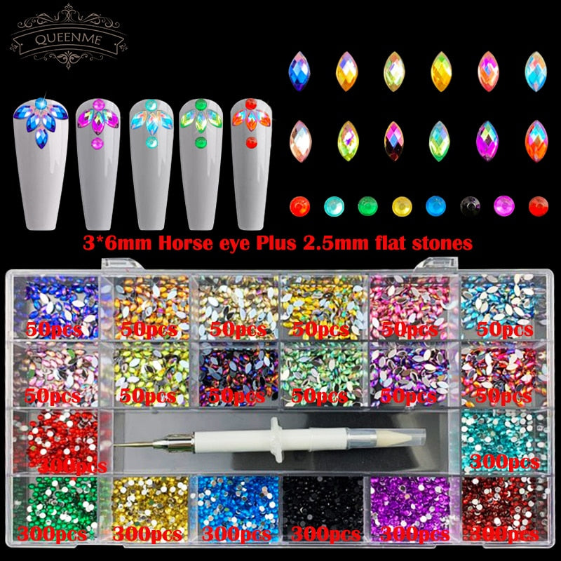 21 rejillas de cristales, diamantes, juego de diamantes de imitación para uñas, 3100 Uds., Kit de diamantes de imitación con reverso plano, arte de uñas brillante con 1 bolígrafo para decoraciones