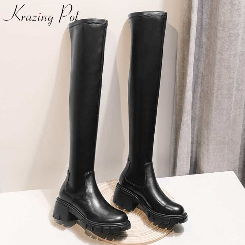 Krazing Pot Big Size Rindsleder Stretch Overknee Stiefel Plattform Runde Zehe High Heels Winter Damen Warme Oberschenkel Hohe Stiefel