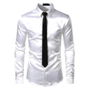 2pcs Silver Silk Shirt+Tie Mens Satin Smooth Tuxedo Shirts Casual Button Down Men Dress Shirts Wedding Party Prom Chemise Homme