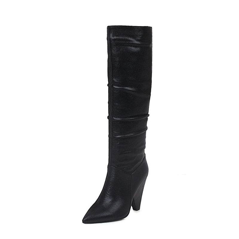 Botas plisadas de tela con lentejuelas de invierno para mujer, Botas de tacón grueso con punta estrecha, zapatos de fiesta ostentosos para mujer, Botas rosas hasta la rodilla para mujer