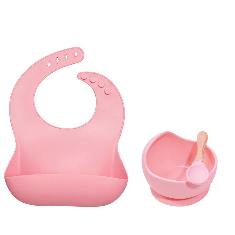 Vajilla de silicona para bebé sin BPA, babero impermeable, toalla Flexible para Saliva, cuenco y cuchara con ventosa de Color sólido para niños