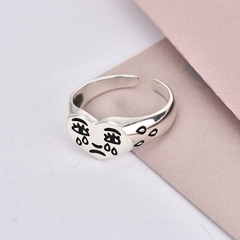 Vintage Ancient Silver Color Cry Face Open Ring Punk Hip Hop Adjustable Finger Rings for Women Men Fashion Jewelry Gift