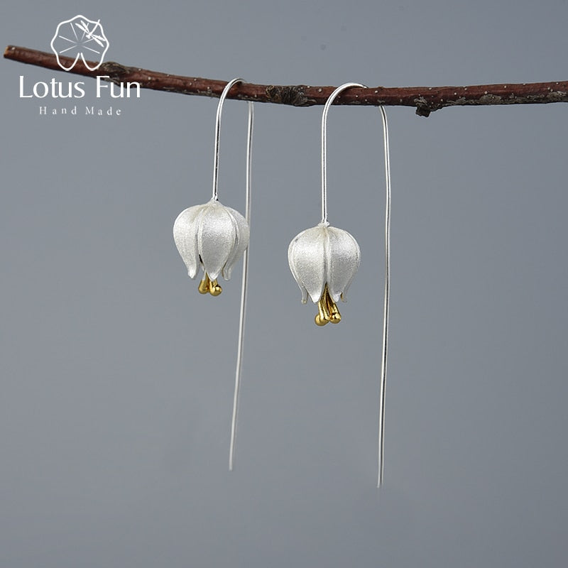 Pendientes colgantes de flor de tulipán de amor eterno de Lotus Fun, pendientes de joyería fina hechos a mano de Plata de Ley 925 auténtica para mujer, bisutería