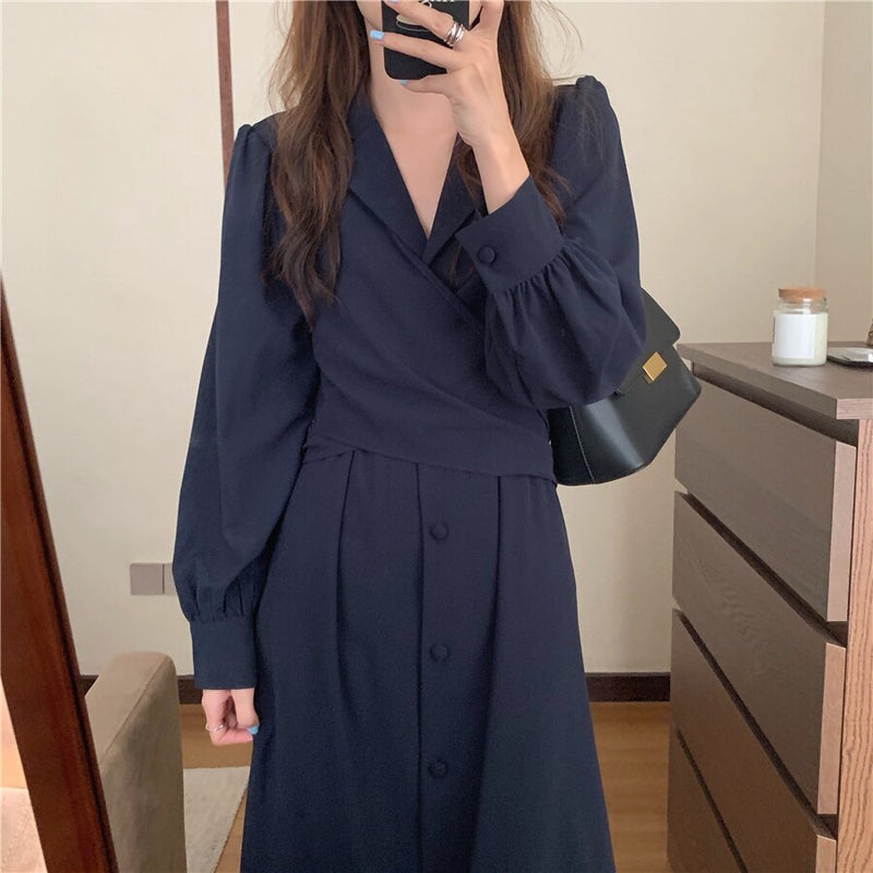 HziriP muescas de un solo pecho mujeres traje vestido nuevo minimalista otoño vestido elegante OL manga larga sólido Vestidos largos Vestidos