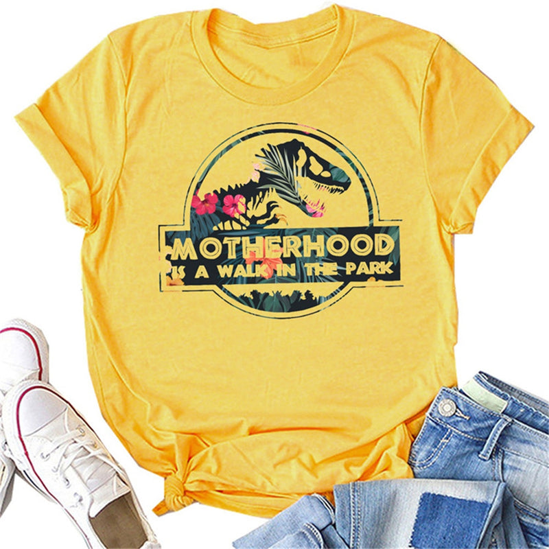 La maternidad es un paseo por el parque, camiseta con estampado de letras Harajuku para mujer, bonita camiseta gráfica con cabeza de dinosaurio, camiseta Vintage para mujer