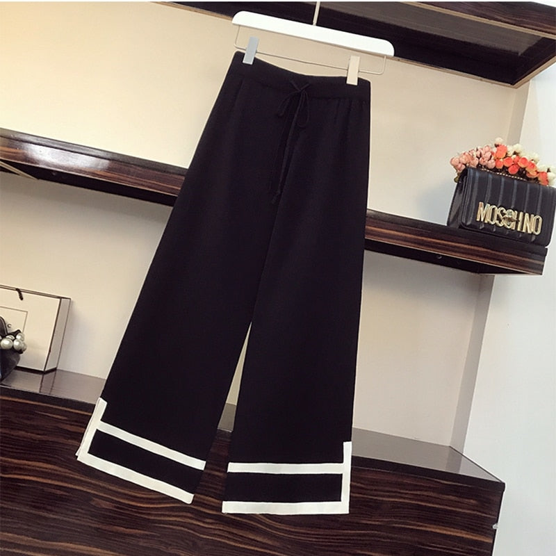 New Arrival Autumn Winter Knitted Two piece Set Casual Women's Pullovers Tops And Wide-Leg Pants Suits High Quality Hit Color