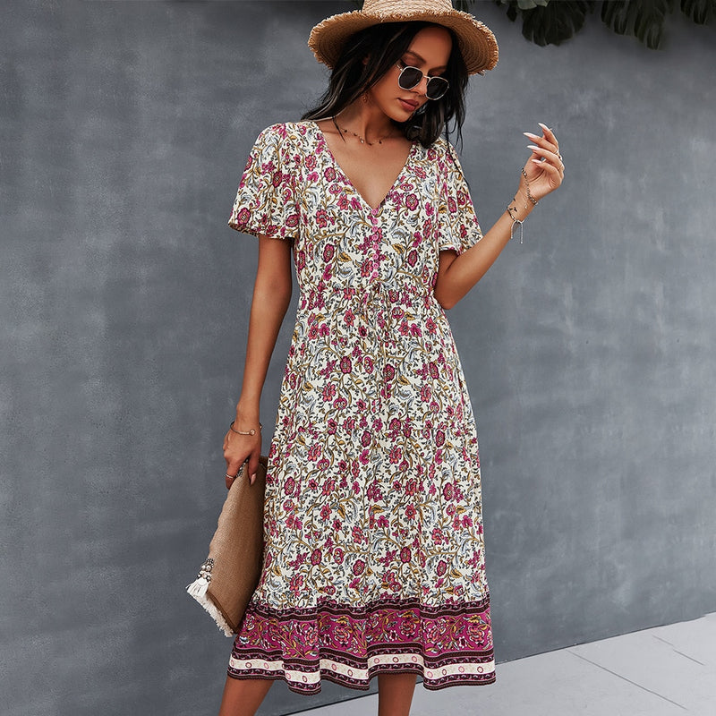 Sommerkleid mit tiefem V-Ausschnitt 2021 Strand Boho Blumendruck Vintage Knopfkleider Frauen beiläufige lose A-Linie Midi lange elegante Robe
