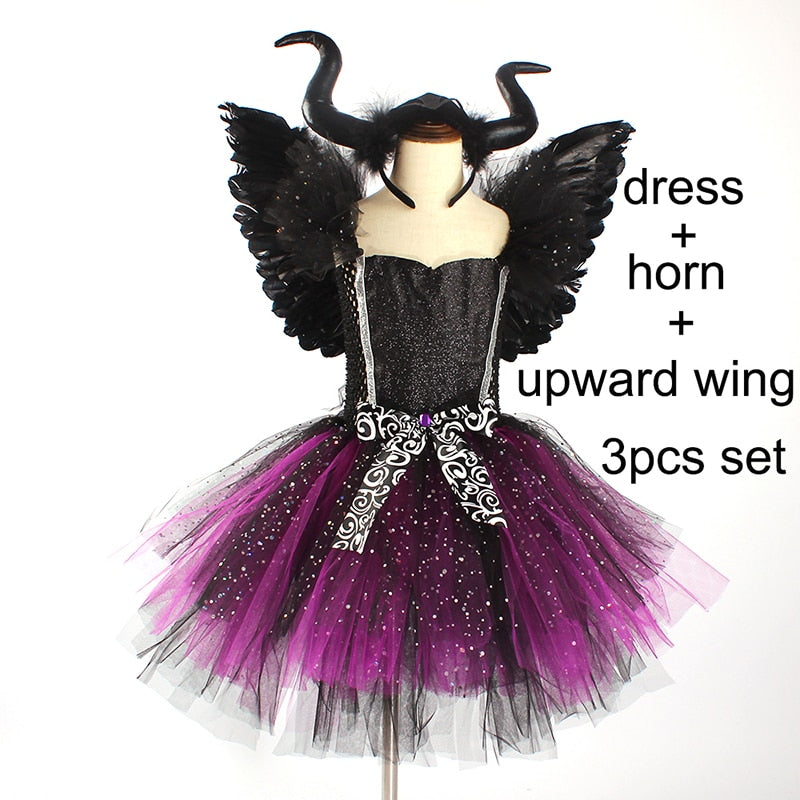 Mädchen Evil Dark Fairy Hexe Tutu Kleid mit Hörnern und Flügeln Sparkly Kinder Halloween Cosplay Party Kostüm Fancy Evil Devil Dress