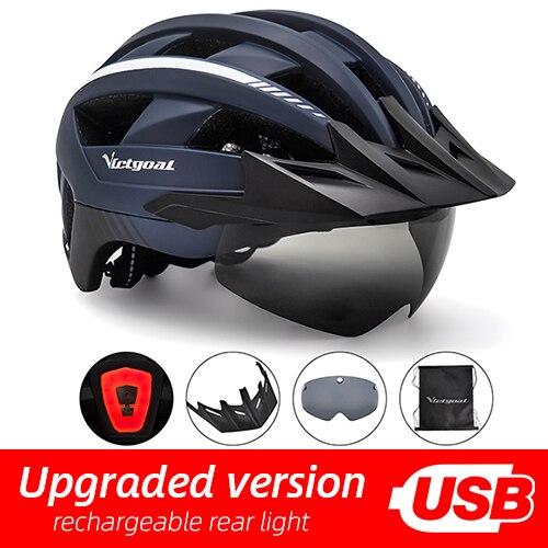 Victgoal Bicycle Helmet LED Moutain Road USB Rechargeable Light Cycling Helmet For Man Sun Visor Goggles Men MTB Bike Headgear