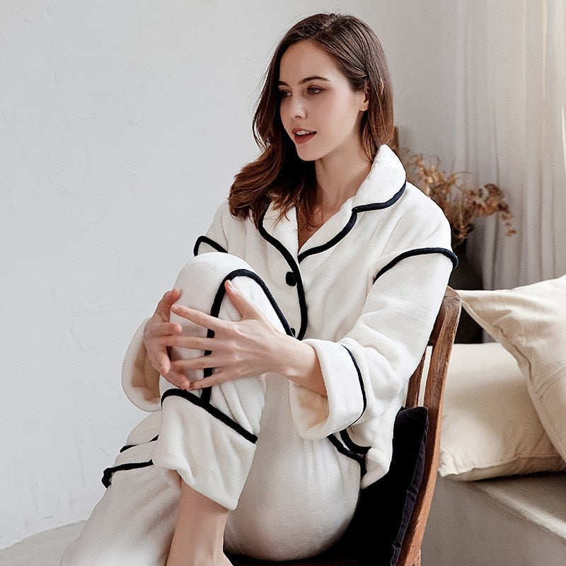 Autumn Winter Flannel Pajamas Set Women Loungewear Warm Thick 2PCS Sleepwear Loose Pijamas Suit Femme Pyjamas Pour Homewear