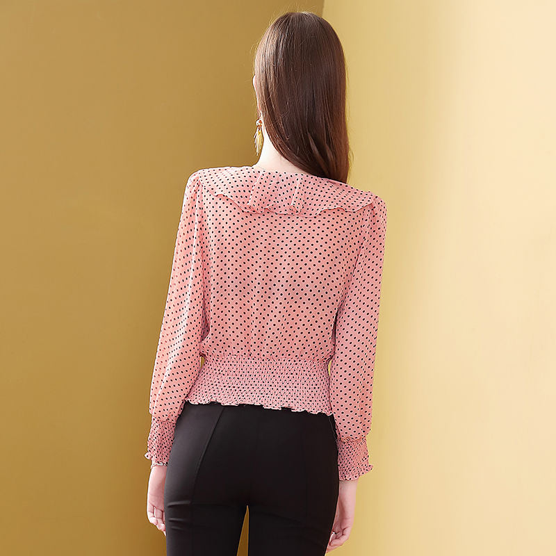 Women's Spring Autumn Style Chiffon Shirt Women's Ruffled-Neck Polka Dot Patchwork Elegant Long Sleeve Casual Tops DD8397