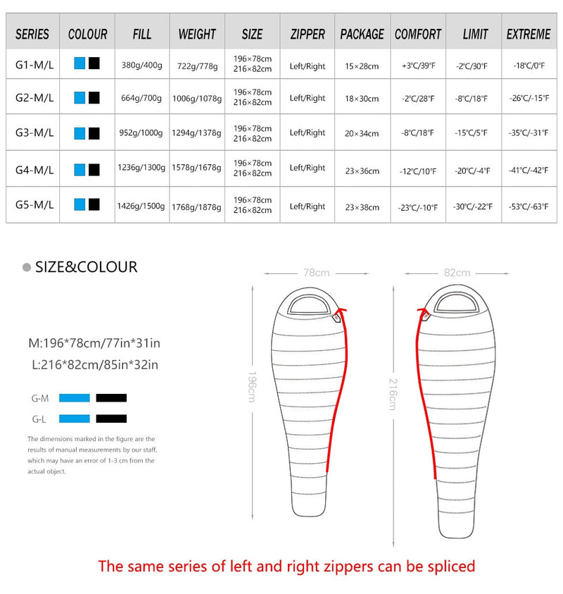 AEGISMAX 95% White Goose Down Mummy Camping Sleeping Bag Cold Winter Ultralight Baffle Design Camping Splicing FP800 G1-G5