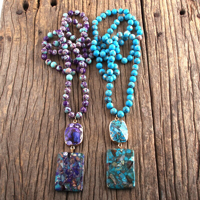 Fashion Bohemian Jewelry Gorgeous Gems Long Knotted With Semi Precious Stone Pendant Necklaces For Women Boho Necklace