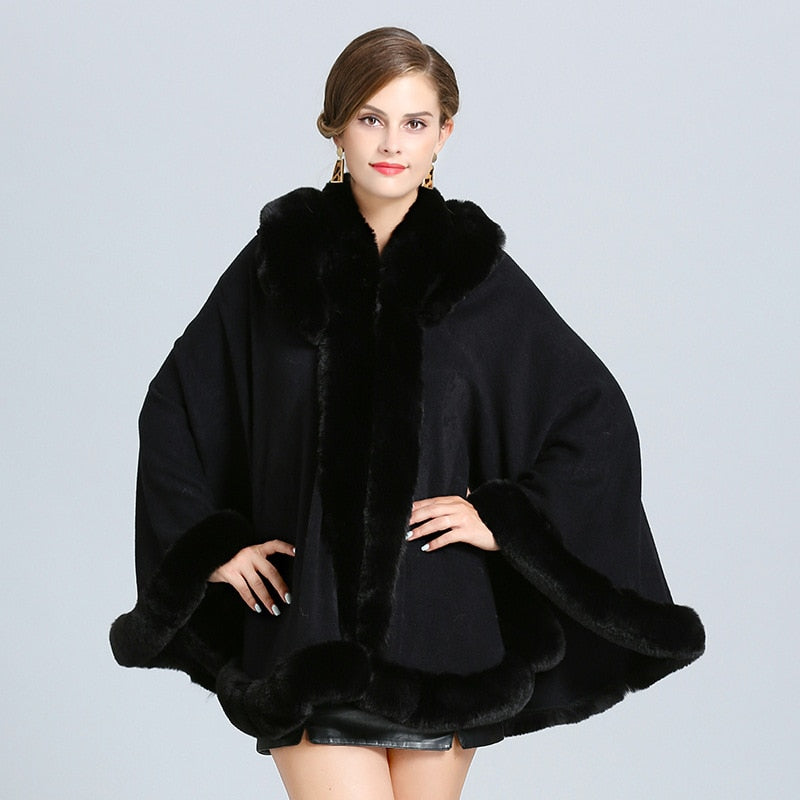 5 Color Winter Cape Thick Grey Black 2022 Poncho Women Faux Fur Neck Knitted Cloak Plus Size Big Pendulum Dovetail Cardigan Coat