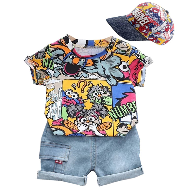 Cool Kid Jungen Sommerkleidung Outfit mit Sonnenhut Mode Graffiti Kurzarm T-Shirt Denim Shorts Set Kinder Hosen Kleidung