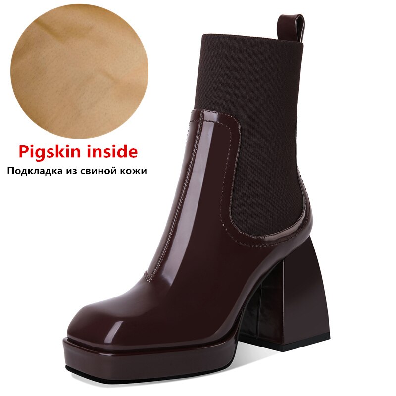 MORAZORA Nature Full Genuine Leather Chelsea Boots Womne Tacones altos gruesos Punta cuadrada Primavera Otoño Botines para mujer Botas