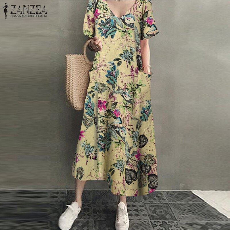 ZANZEA 2022 mujeres largo Maxi vestido de verano Casual algodón Lino señoras grandes bolsillos playa fiesta bata Mujer Vestidos