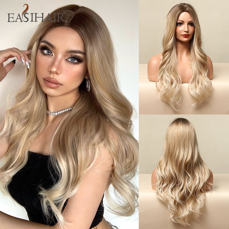 EASIHAIR Lange gewellte braune synthetische Perücken mit blonden Strähnchen Cosplay Naturhaarperücken Hochtemperaturfaser für schwarze Frauen