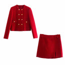 xikom 2021 Tweed Two pieces set Women red Vintage O Neck Long Sleeve Office Lady slim Blazer Coat Female Hight Waist skirt suit