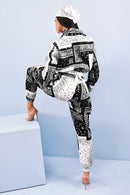 Bandana Print Two Piece Set Causal Paisley Print Long Sleeve Zippers Short Jacket Tops Jogger Pants Suit Outfit Street Tracksuit