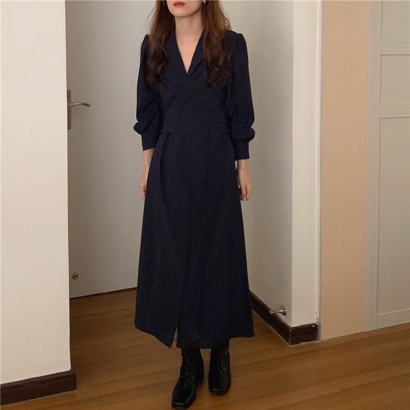 HziriP muescas de un solo pecho mujeres traje vestido nuevo minimalista otoño vestido elegante OL manga larga sólido Vestidos largos Vestidos