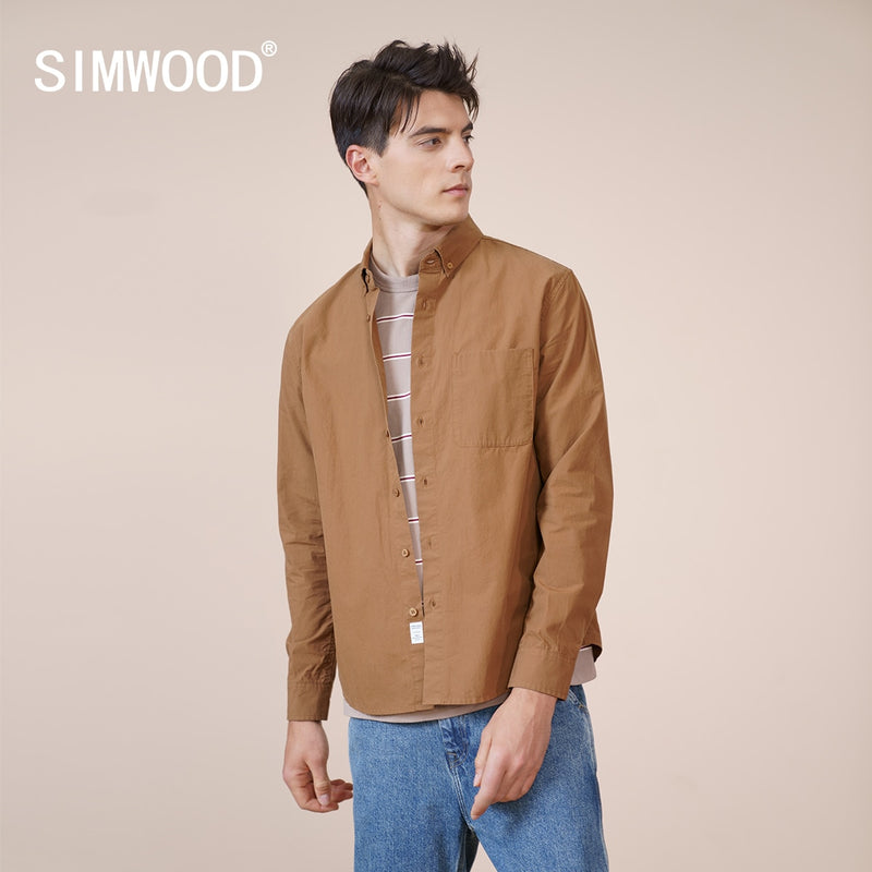 SIMWOOD 2023 Spring New 100% Cotton Solid Color Shirts Men Breathable Eco-friendly Casual Shirts Plus Size High Quality Clothing