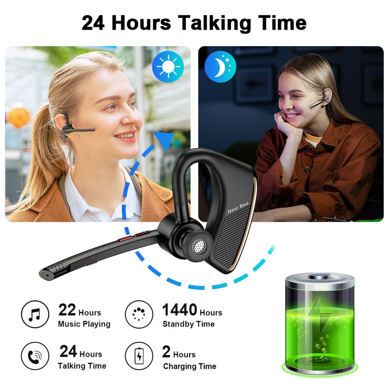 New Bee M50 Bluetooth 5.2 Headset Wireless Earphones Headphone with Dual Mic Earbuds Earpiece CVC8.0 Noise Cancelling Hands-free