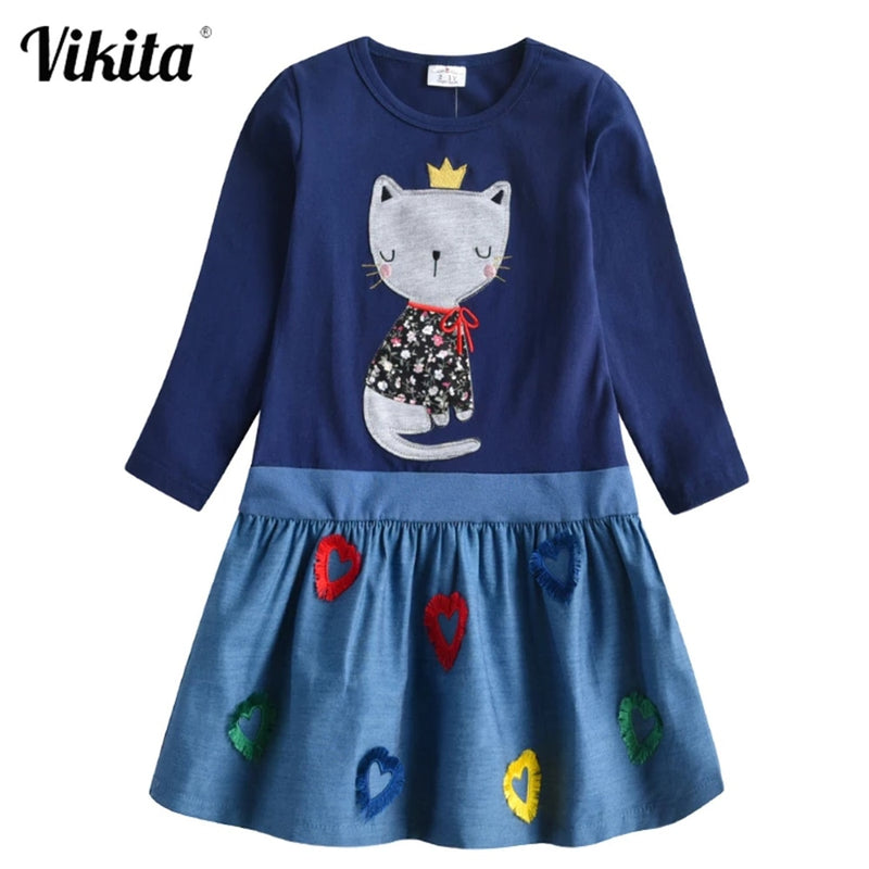 VIKITA Mädchen Baumwollkleid Kinder Cartoon Applizierte Vestidos Kinder Freizeitkleidung Kleidung Mädchen Langarm Patchwork Kleider