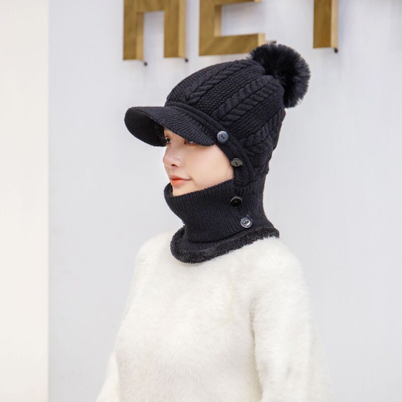 2021 Warm Neck Knit Hat Fur Pompoms Hat Mask Winter Hat For Girl Wool Knitted Hat Female Balaclava Caps Gorras Bonnet