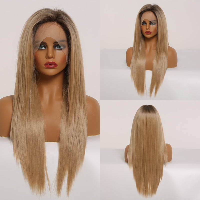 EASIHAIR Long Silky Straight Brown Blonde T Part Lace Wigs with Baby Hair High Density Heat Resistant Synthetic Wigs for Women