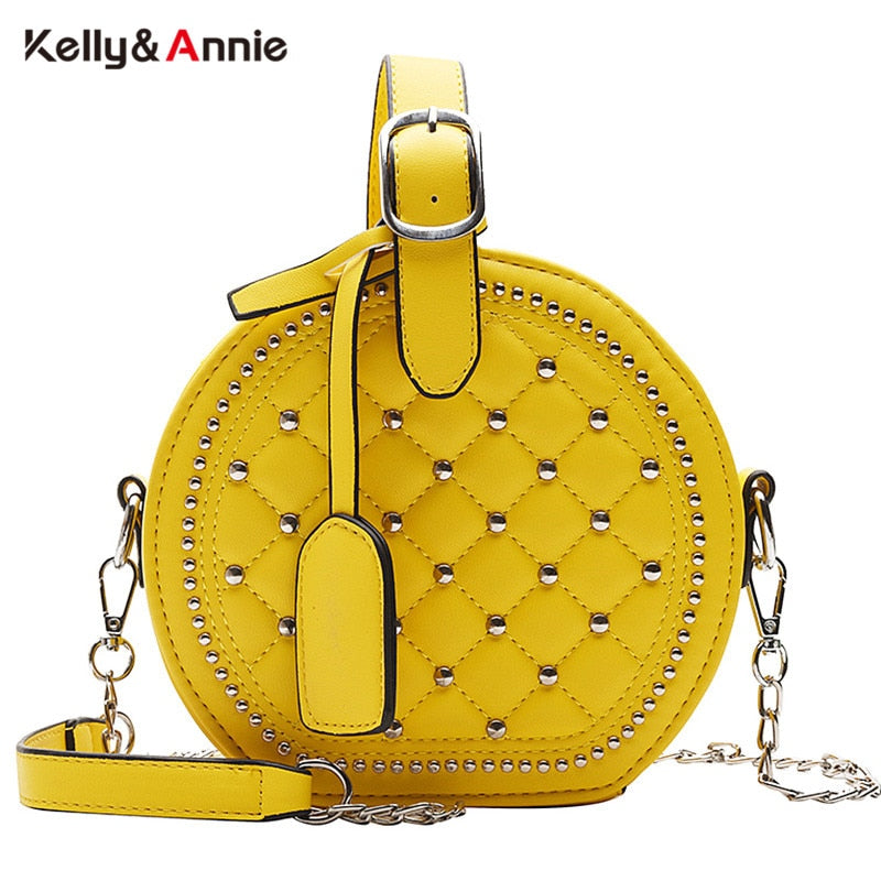 Bolso de hombro Circular con remaches de cadena a la moda para mujer, bandolera cruzada de piel sintética para mujer, bolso de mano redondo para mujer