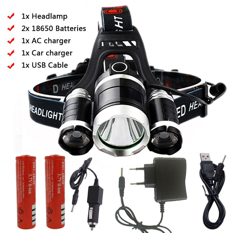 3 Led Headlamp Rechargeable XM-L T6 Headlight light Lantern Head Lamp Flashlight zoomable 18650 Battery Hunting fishing lighting