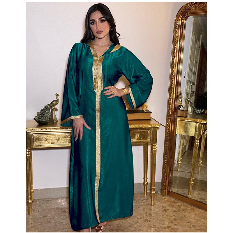 Djellaba Arab Muslim Long Dress Hoodies Dubai Abaya Women Braid Trimmings Moroccan Kaftan Saudi Jalabiya Ramadan Robe Champagne