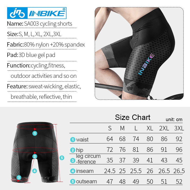 INBIKE 3D Thickened Pad Cycling Shorts Shockproof MTB Bicycle Shorts Summer Men Road Bike Shorts Reflective Tights SA003